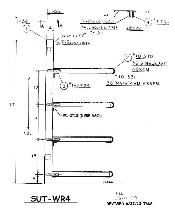 Trailex WR4 Wall Rack Outline Drawing