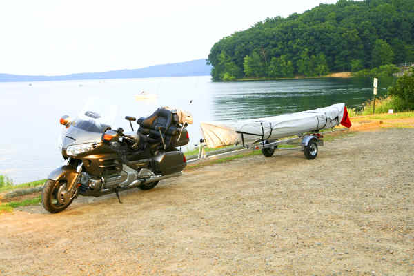 Trailex Canoe Trailer SUT-200-S being Towed by a Honda Goldwing Motorcycle